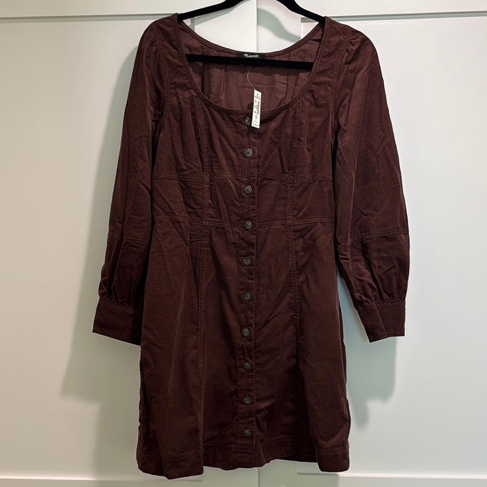 Madewell Chocolate Raisin Corduroy Seamed Long-Sleeve Mini Dress Size 4 NWT